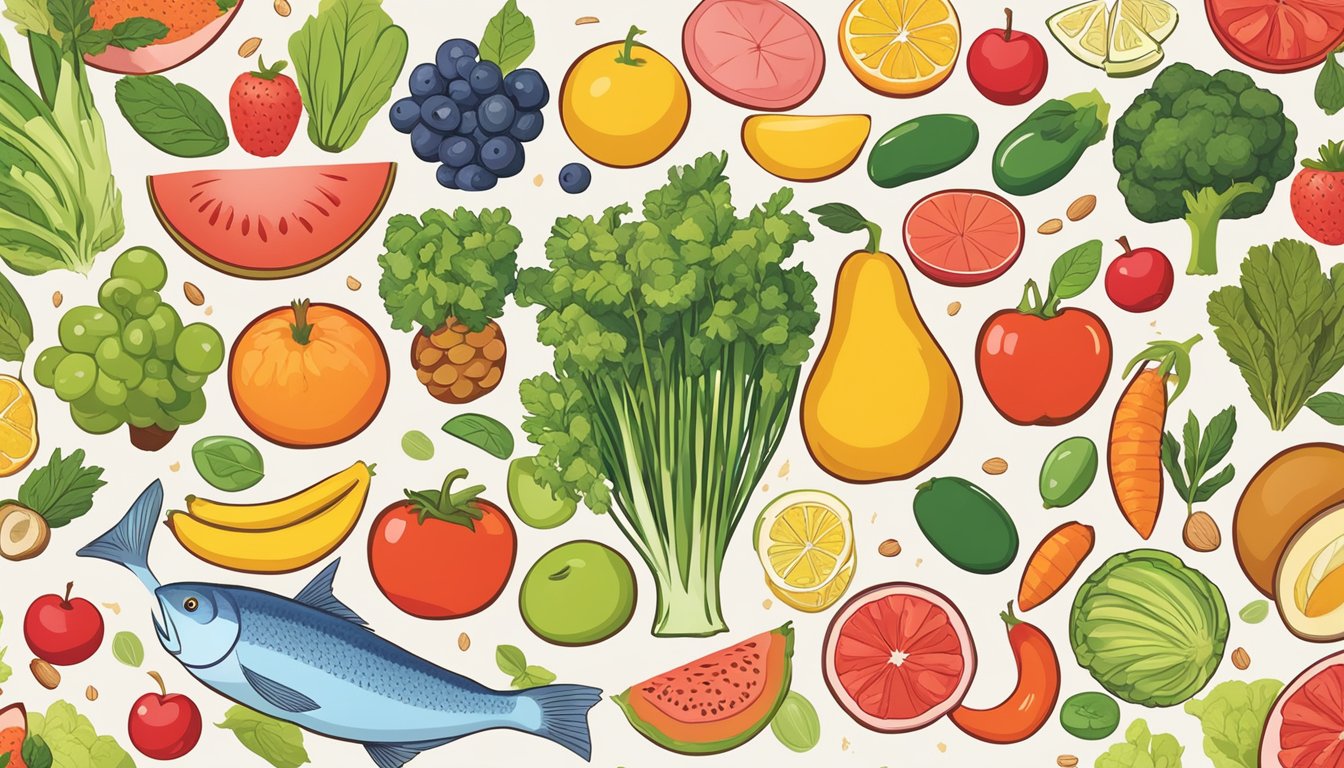 A colorful array of fruits, vegetables, nuts, and fish are surrounded by a red circle with a line through it, indicating foods to avoid