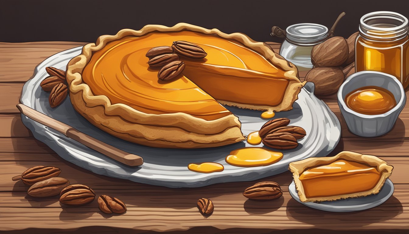 A slice of sweet potato pie drizzled with Texas honey on a rustic wooden table, surrounded by pecans and a jar of honey