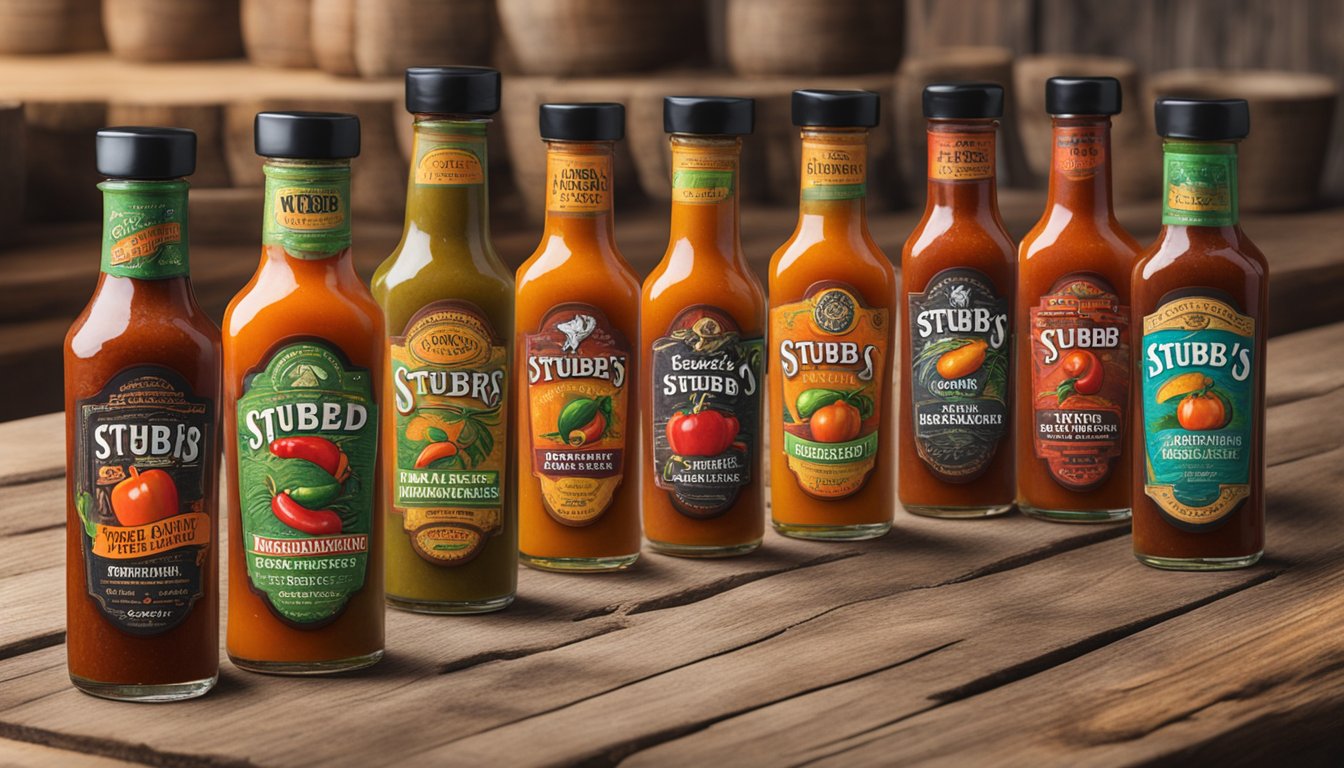 A bottle of Stubb's Wicked Habanero Pepper Sauce surrounded by other top 10 Texas hot sauces, arranged on a rustic wooden table