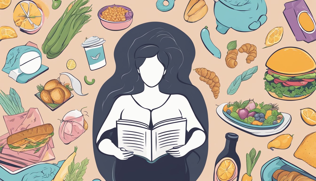 A pregnant woman's silhouette surrounded by question marks and food items, with a prominent "Dukan Diet" book being crossed out