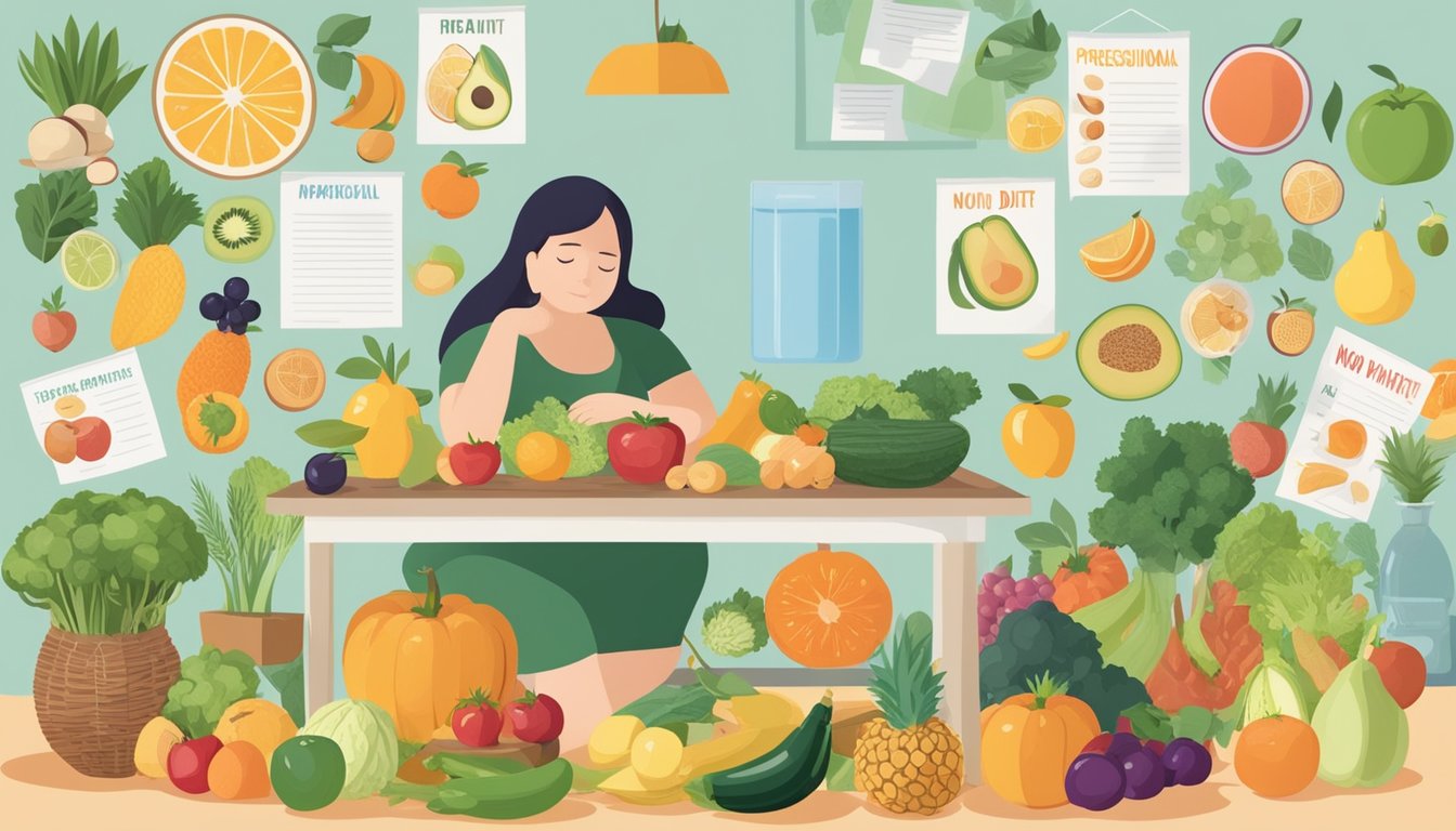 A pregnant woman sitting at a table with a variety of fruits, vegetables, nuts, and water, surrounded by informational posters about the Mind Diet