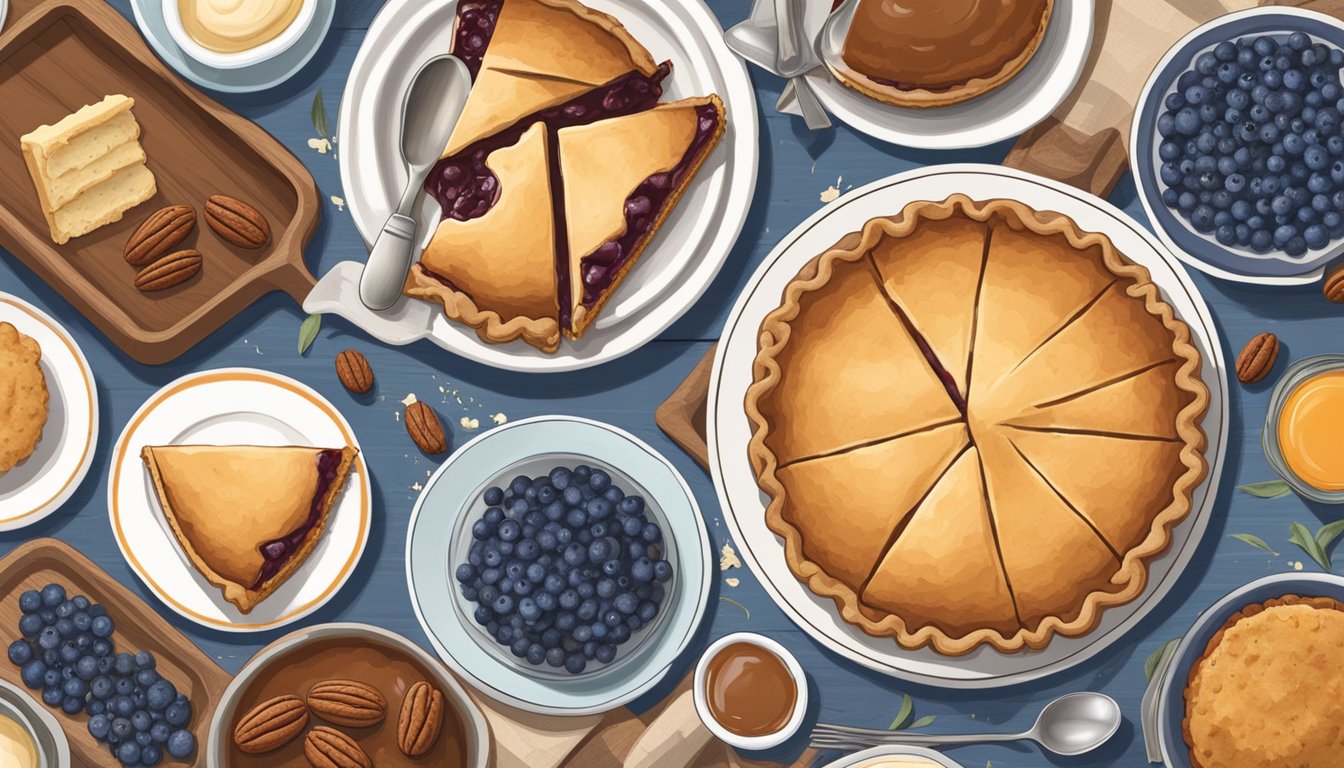 A table set with five Texas-inspired desserts, including pecan pie, peach cobbler, and blueberry cobbler, surrounded by Texan decor and ingredients