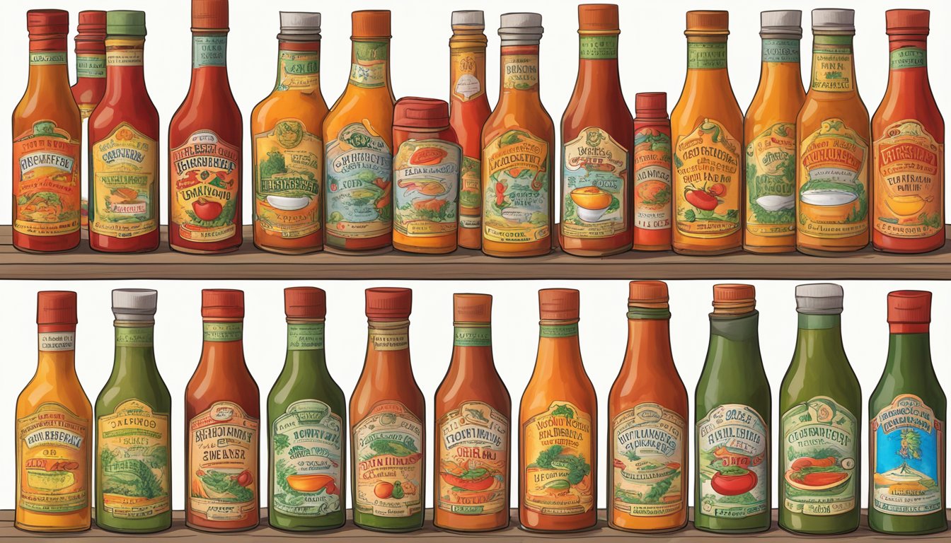 A line-up of ten bottles of hot sauce, each labeled with "The Pepper Plant Original California Style" and "Top 10 Texas Hot Sauces."