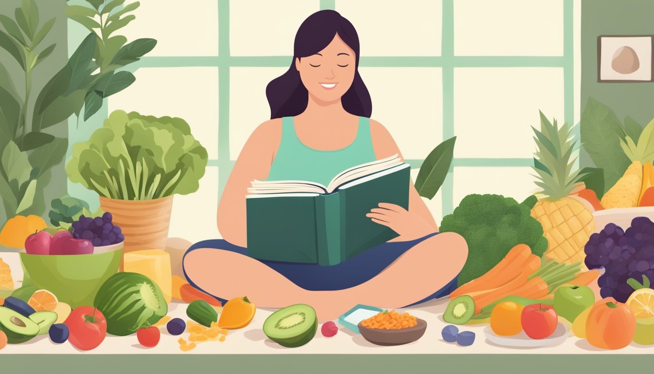 A pregnant woman reading a book on the Mind Diet while surrounded by healthy foods and engaging in light exercise