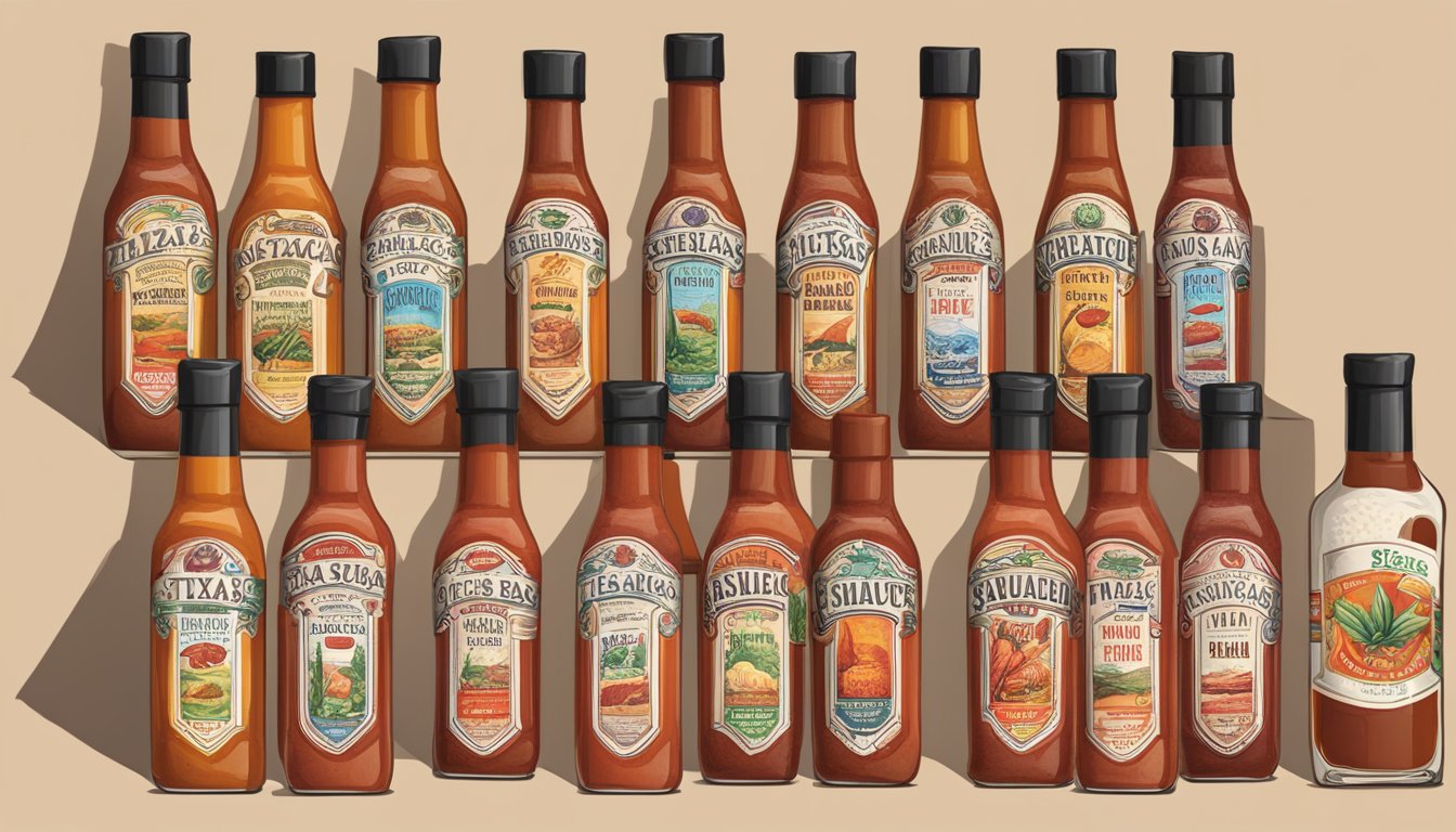 A table with 10 bottles of Texas hot sauce, each with a different label, arranged in a neat row