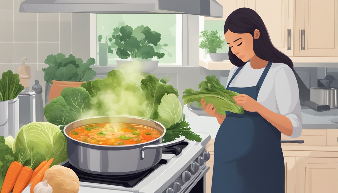 A steaming pot of cabbage soup sits on a kitchen stove, surrounded by fresh vegetables and herbs. A pregnant woman looks at the soup with concern