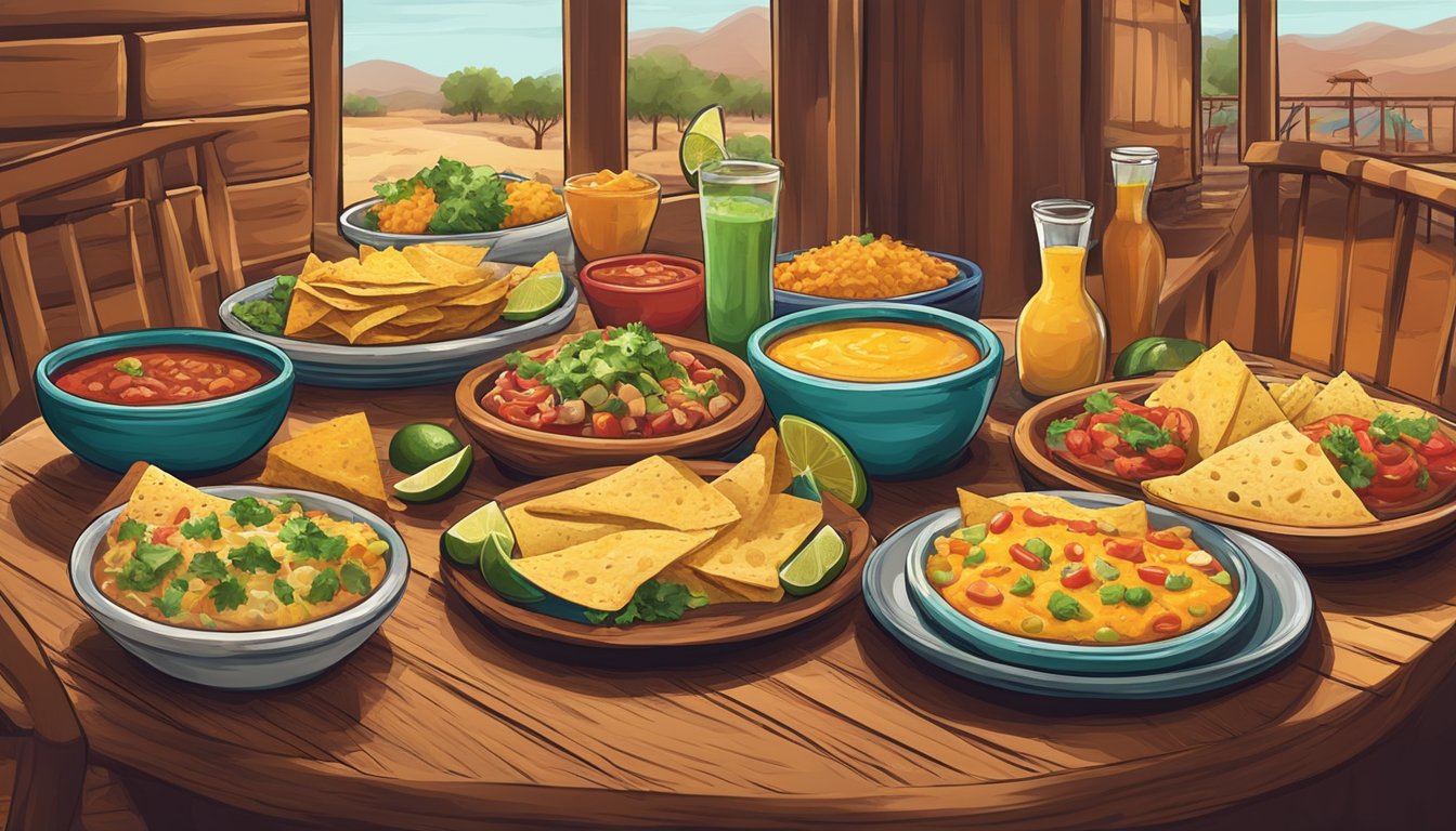 A rustic Tex-Mex restaurant with colorful decor and a lively atmosphere, featuring a table spread with an assortment of mouthwatering queso dishes