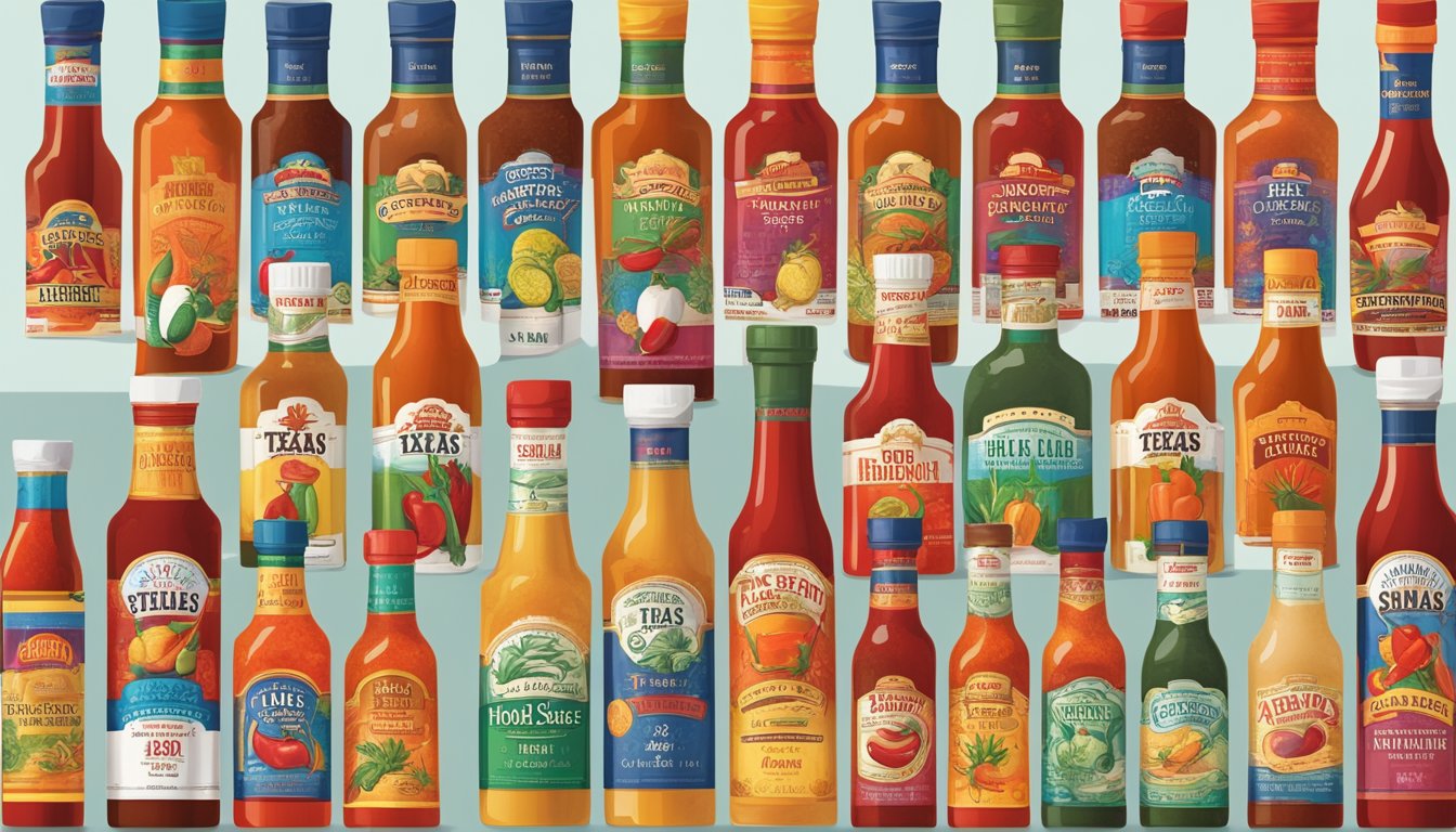 A table displaying bottles of various Texas hot sauces, arranged in a top 10 ranking, with labels and colors representing different flavors and heat levels