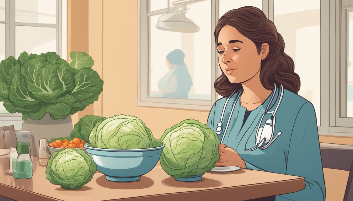 A pregnant woman sits at a table surrounded by bowls of cabbage soup, looking uncertain. A doctor stands nearby, shaking their head disapprovingly