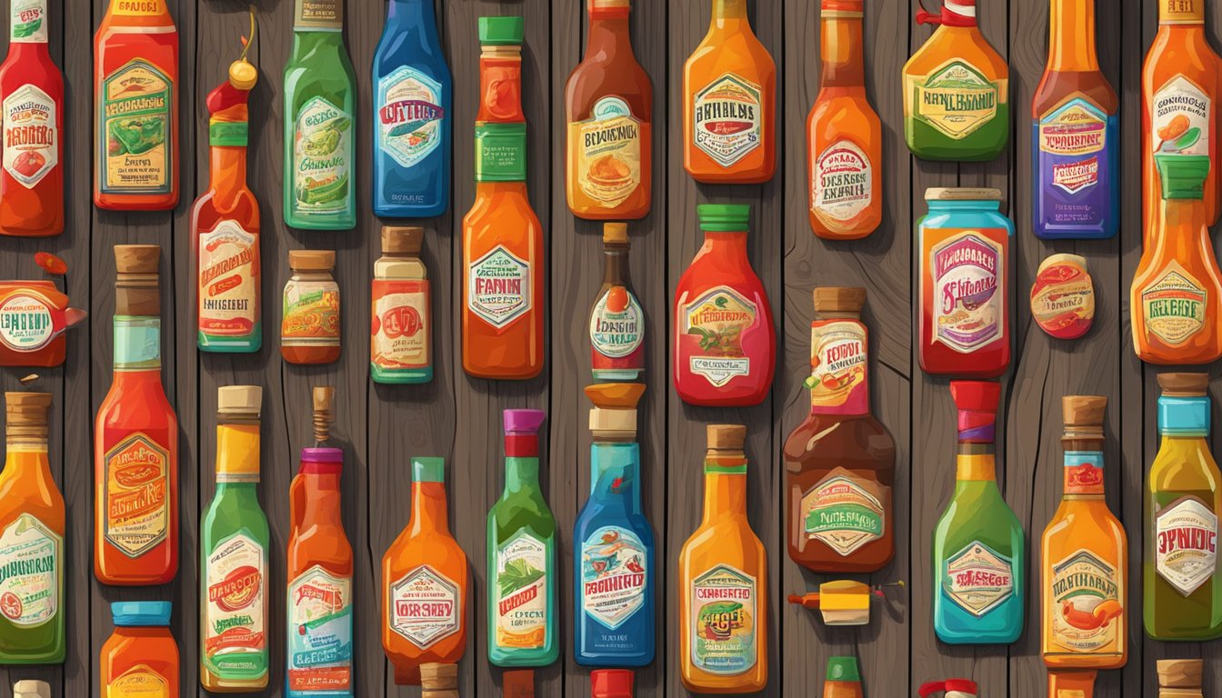 A colorful array of hot sauce bottles arranged on a rustic wooden table, with vibrant labels and varying levels of spiciness