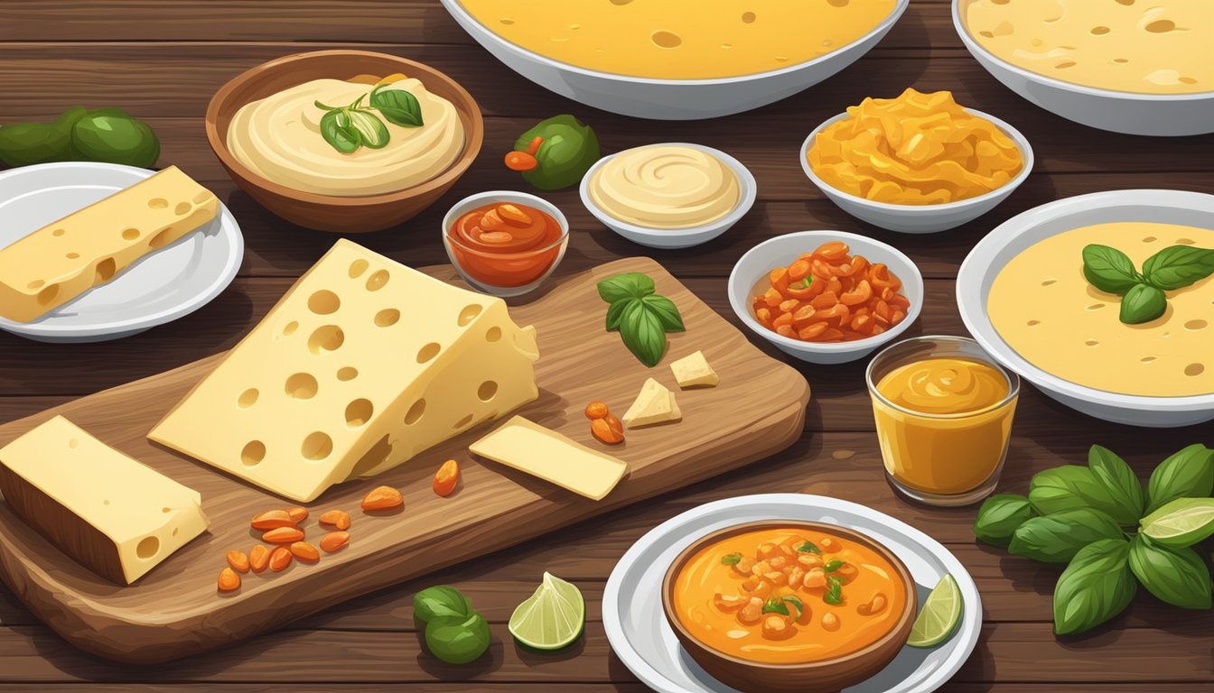 A colorful spread of various types of queso, from creamy to spicy, displayed on a rustic wooden table with vibrant ingredients scattered around