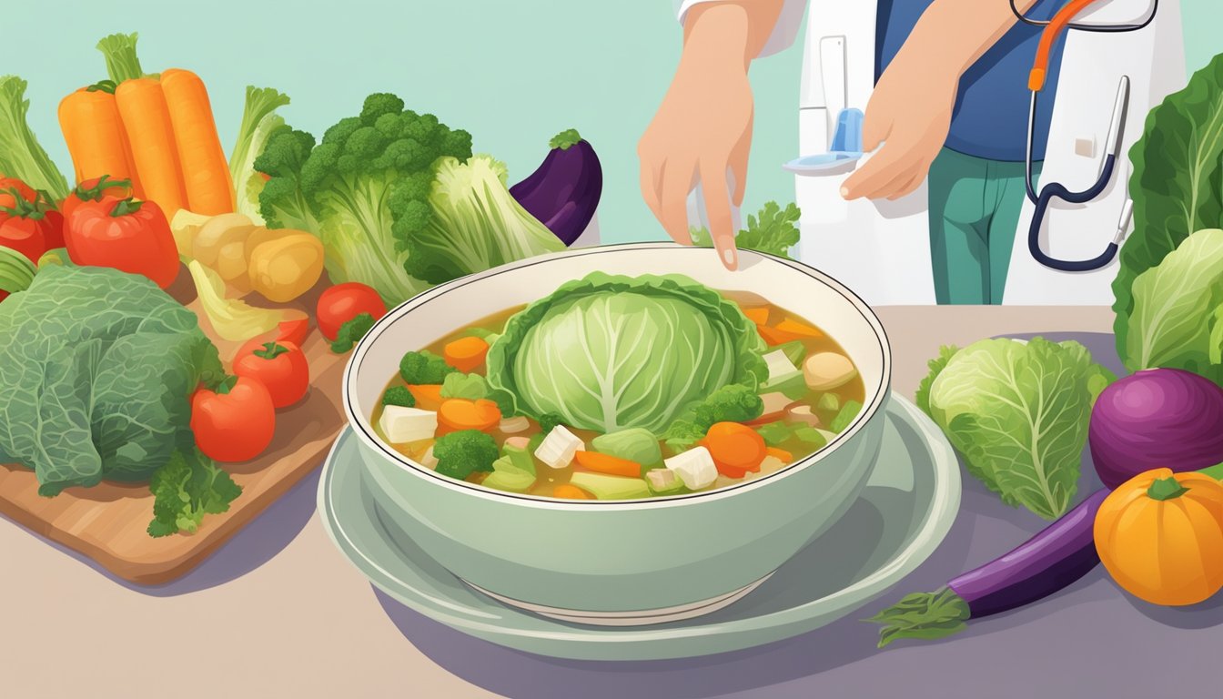 A pregnant woman holding a bowl of cabbage soup, surrounded by a variety of colorful vegetables and a doctor's prescription pad