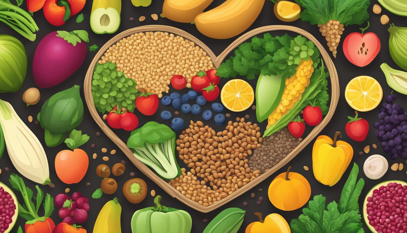 A colorful array of fruits, vegetables, whole grains, and legumes arranged on a table, with a heart symbol in the center