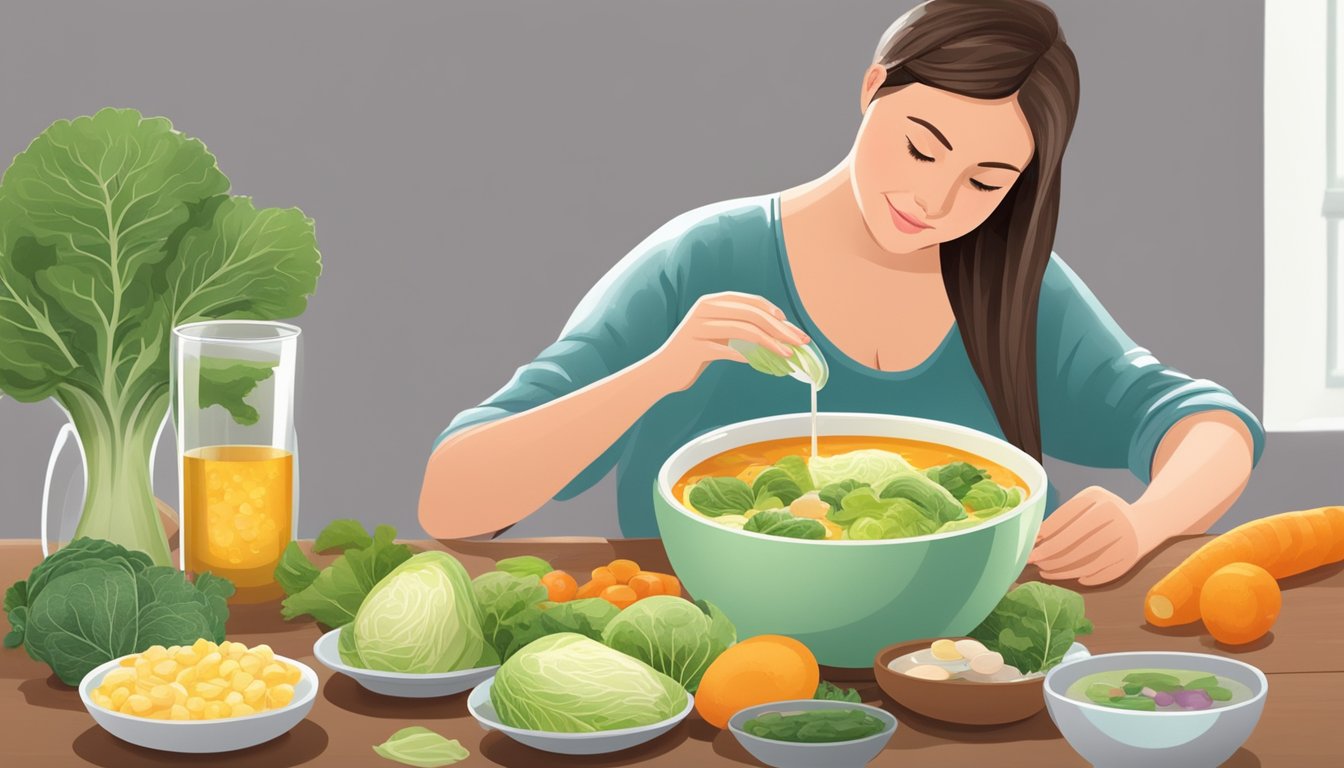 A pregnant woman sitting at a table with a bowl of cabbage soup, surrounded by prenatal vitamins and a glass of water