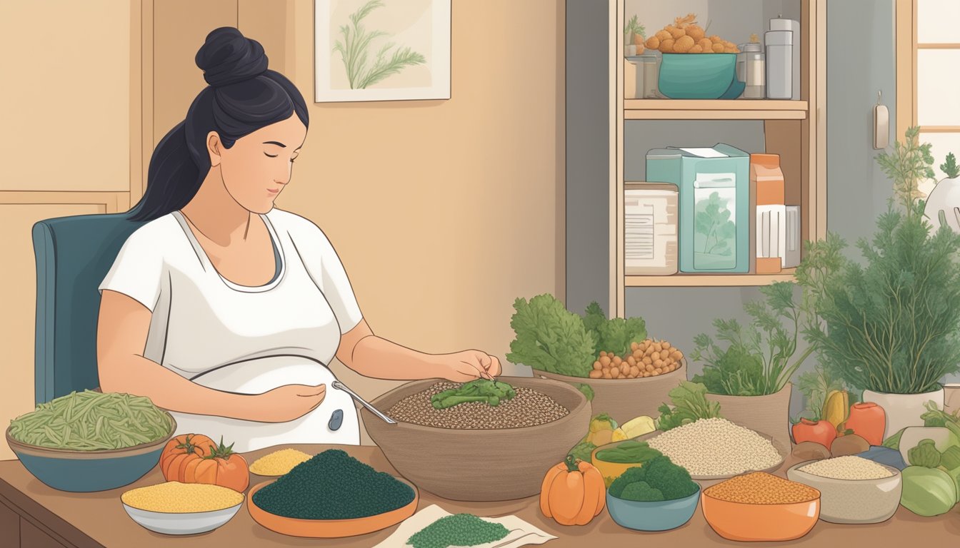 A pregnant woman sits at a table surrounded by a variety of whole grains, vegetables, and seaweed. She carefully prepares a balanced macrobiotic meal while a doctor's pamphlet on the diet lies nearby