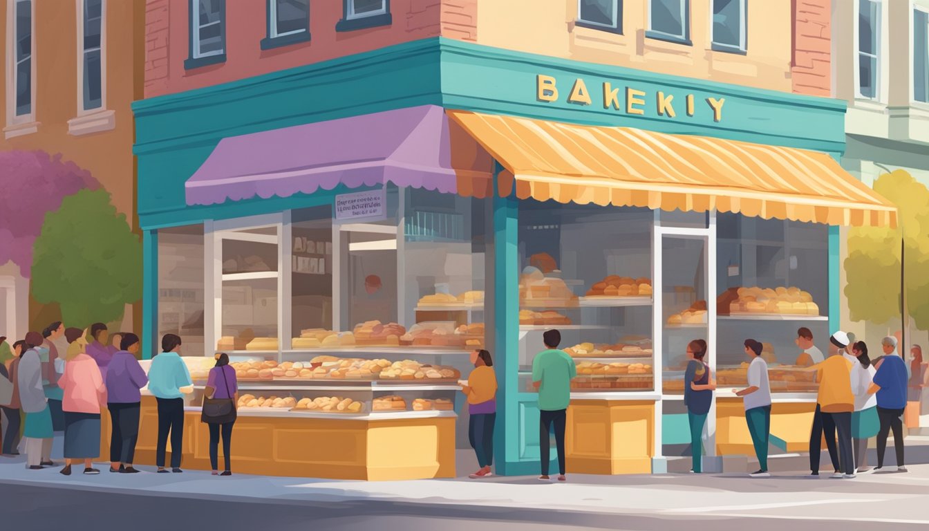 A bustling kolache bakery with a colorful storefront and a line of customers eagerly waiting to purchase their favorite pastries