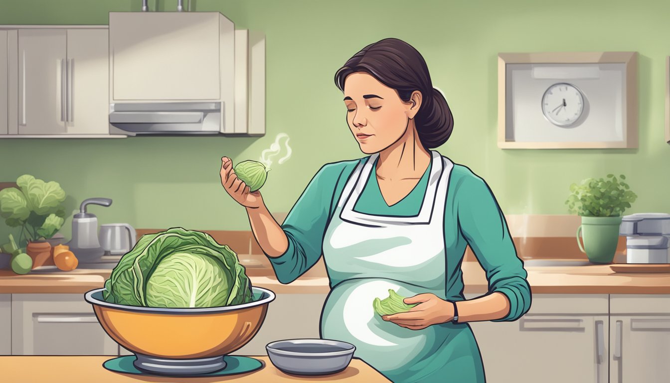 A pregnant woman looks concerned while holding a bowl of cabbage soup, with a doctor shaking their head in the background