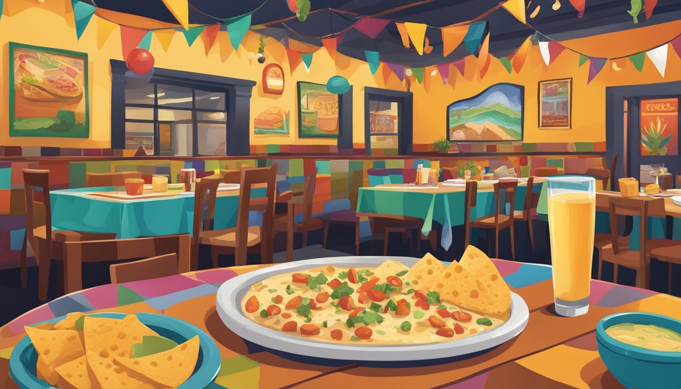 A bustling Tex-Mex restaurant with colorful decor and a lively atmosphere, featuring a table spread with an assortment of cheesy, gooey queso dishes