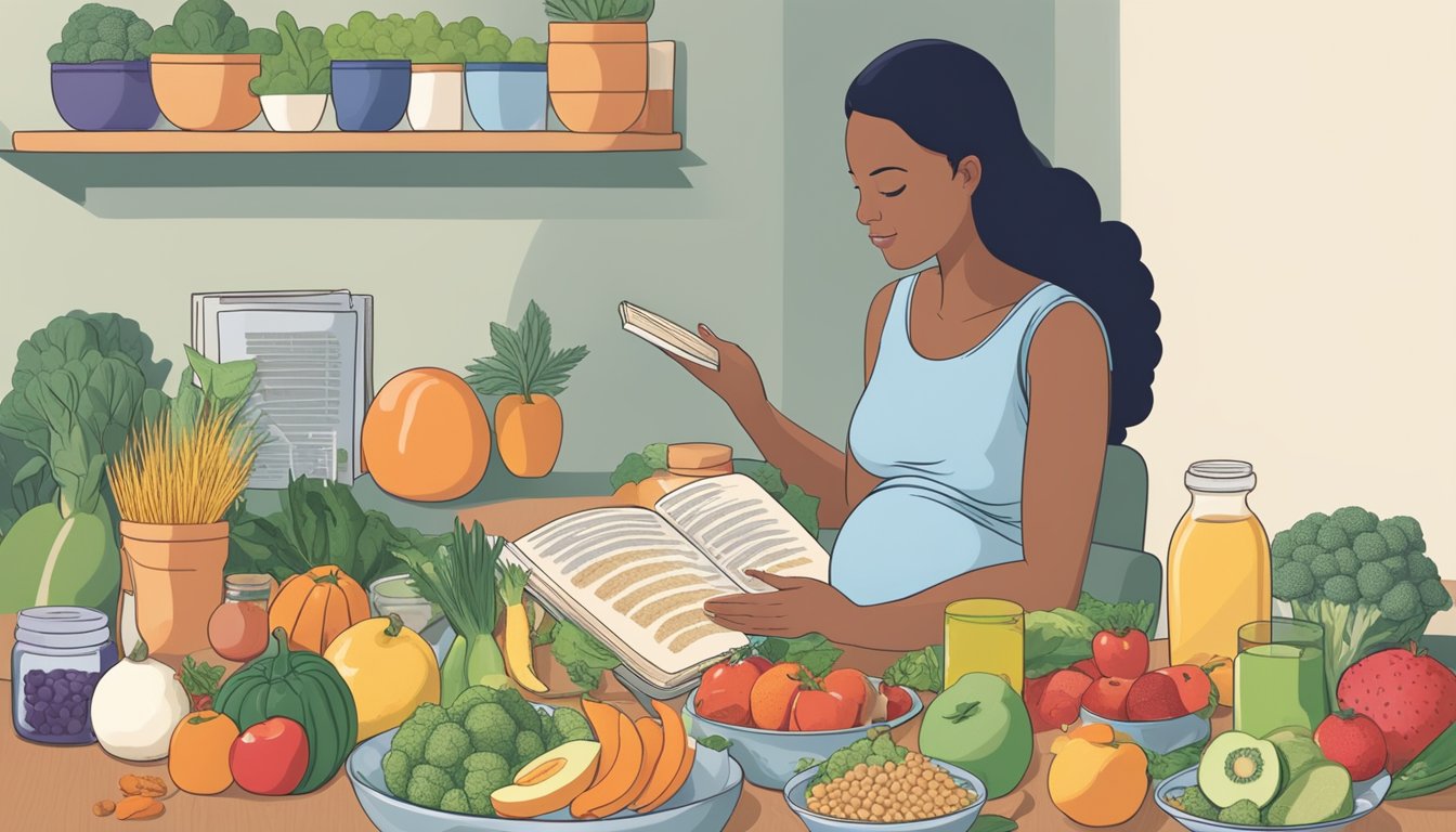 A pregnant woman sitting at a table with a variety of fruits, vegetables, and whole grains. She is reading a book titled "Macrobiotic Diet and Pregnancy" while surrounded by prenatal supplements