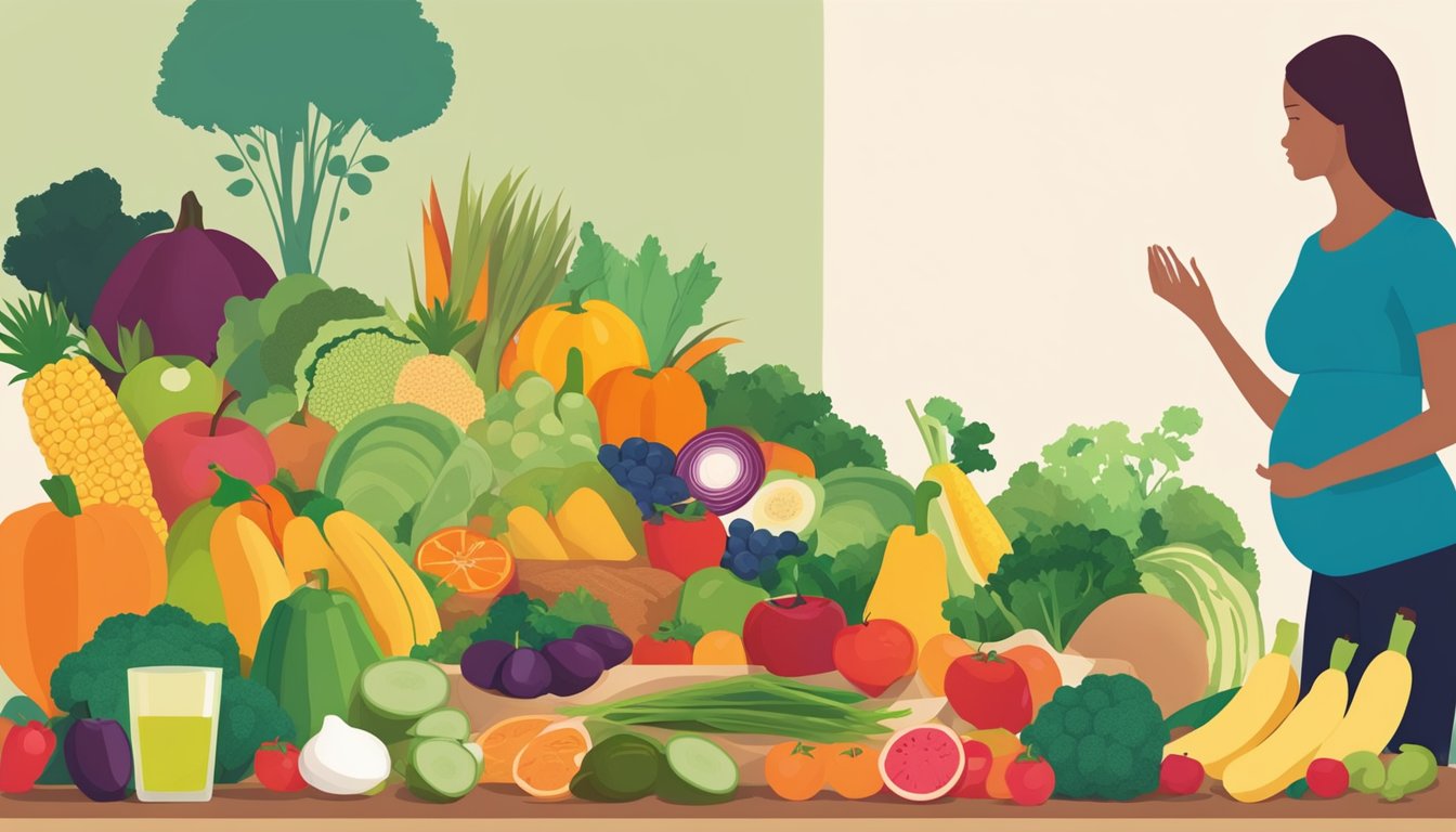 A colorful array of fruits, vegetables, whole grains, and legumes arranged on a table, with a pregnant woman's silhouette in the background