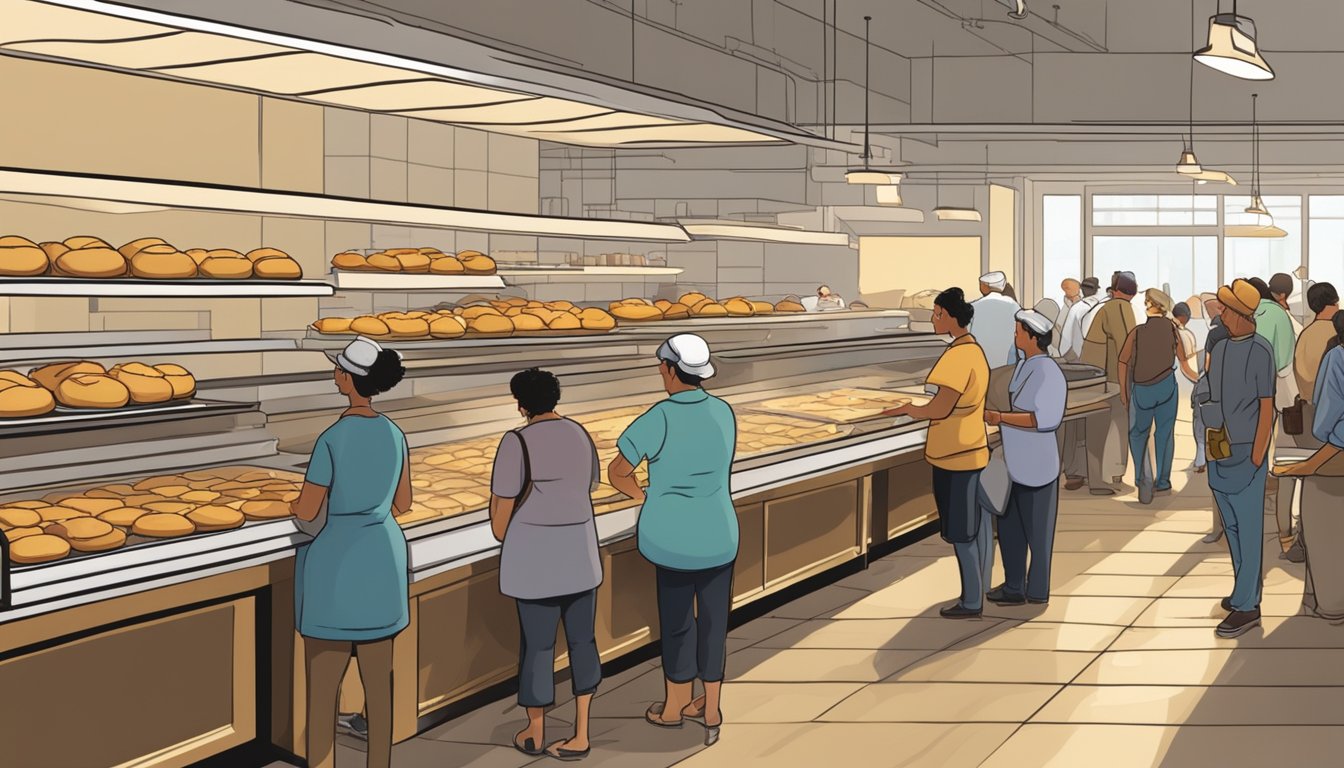 A bustling bakery with trays of golden-brown kolaches cooling on racks, while customers line up to sample the famous Texas pastries