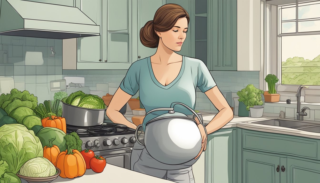 A pregnant woman stands in a kitchen, surrounded by fresh vegetables and a pot of cabbage soup. A concerned look on her face as she contemplates the safety of the diet