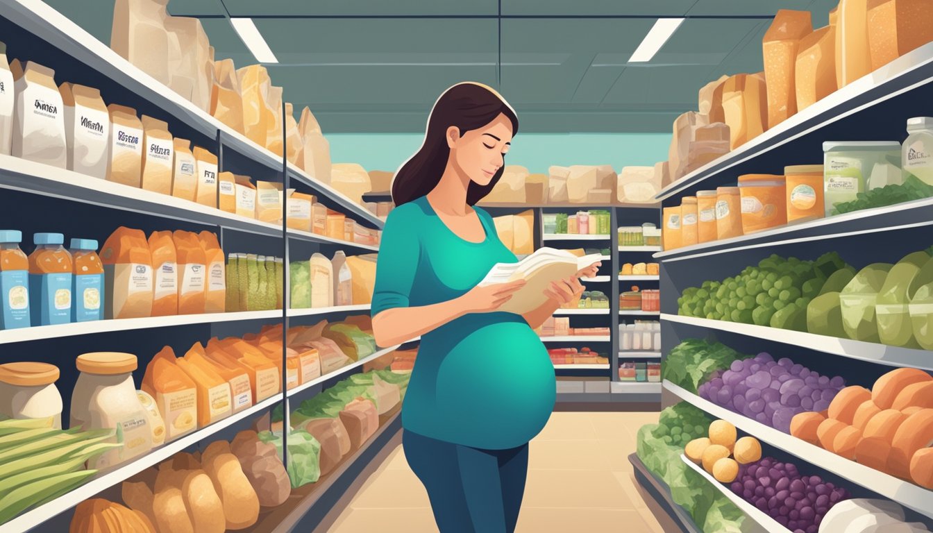 A pregnant woman carefully selecting dairy and animal products, surrounded by shelves of organic food and reading labels for macrobiotic diet suitability