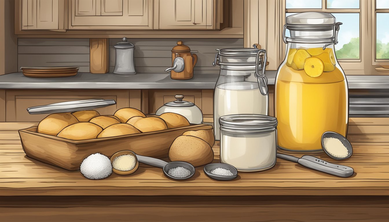 A rustic kitchen counter with assorted ingredients and utensils for making Texas kolaches