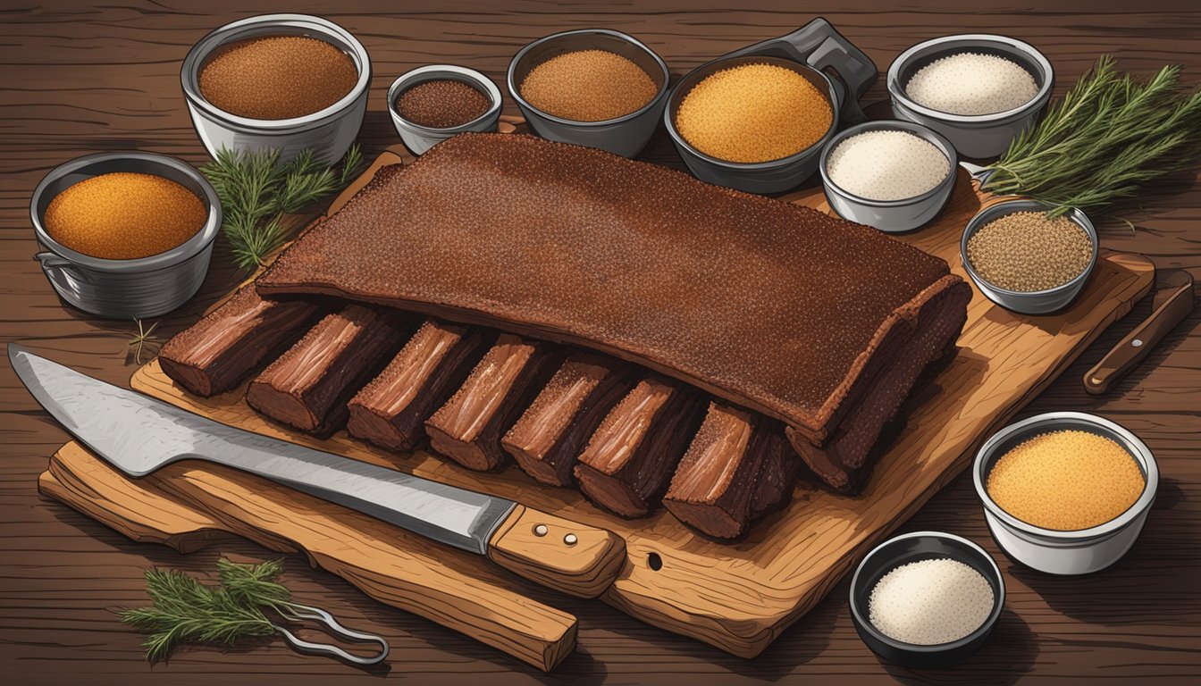 A slab of ribs covered in a dry rub, surrounded by Texas cooking tools and seasonings on a rustic wooden table