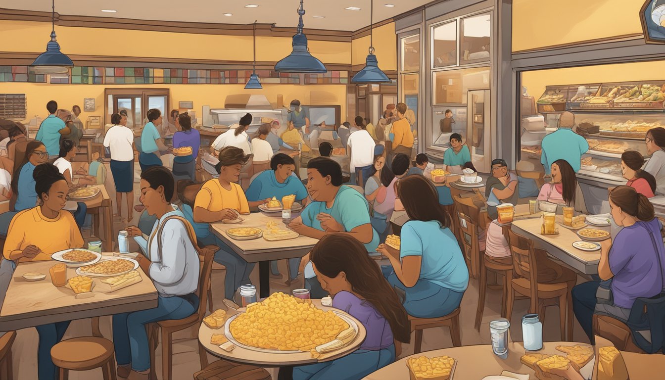 A bustling Texas restaurant with a spread of cheesy, gooey queso on a table, surrounded by eager customers