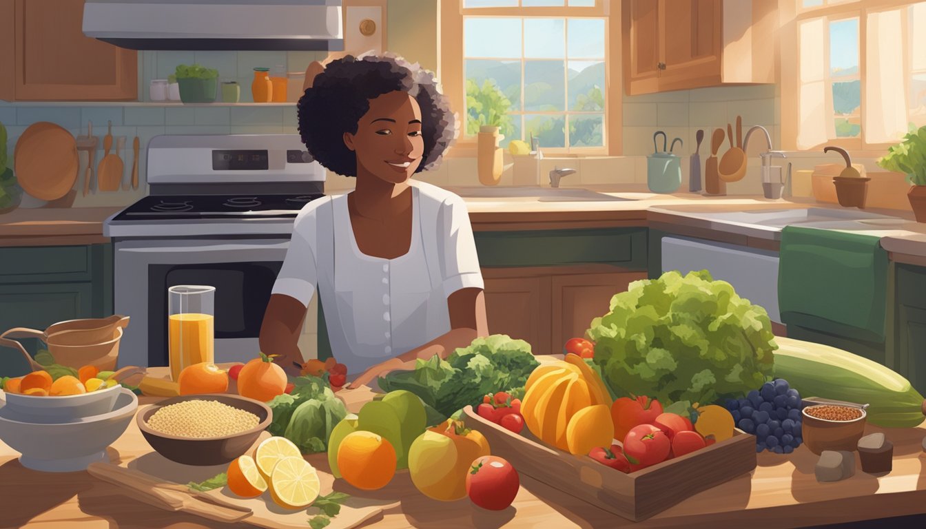 A serene, sunlit kitchen with a variety of fresh, colorful fruits and vegetables arranged on a wooden cutting board. A pot of steaming grains simmers on the stove, while a woman consults a nutrition guidebook at the table