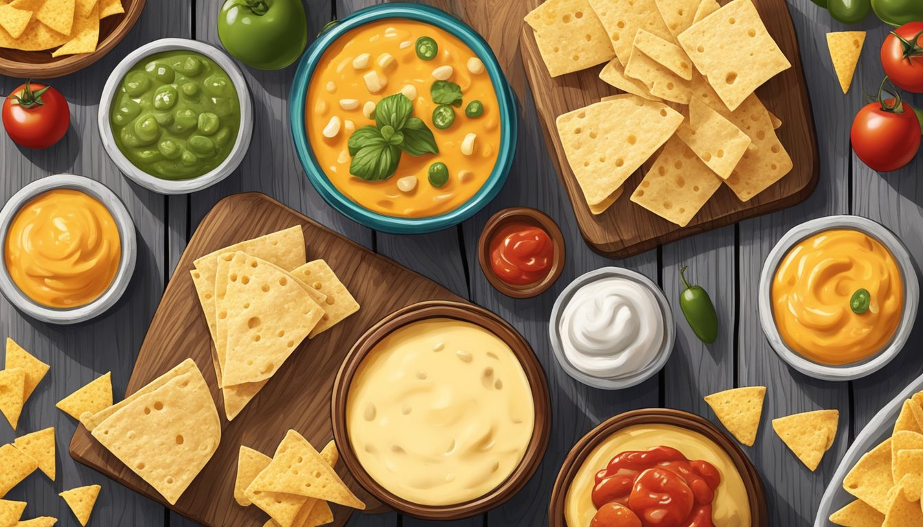 A colorful spread of various types of queso on a rustic wooden table, surrounded by chips and salsa