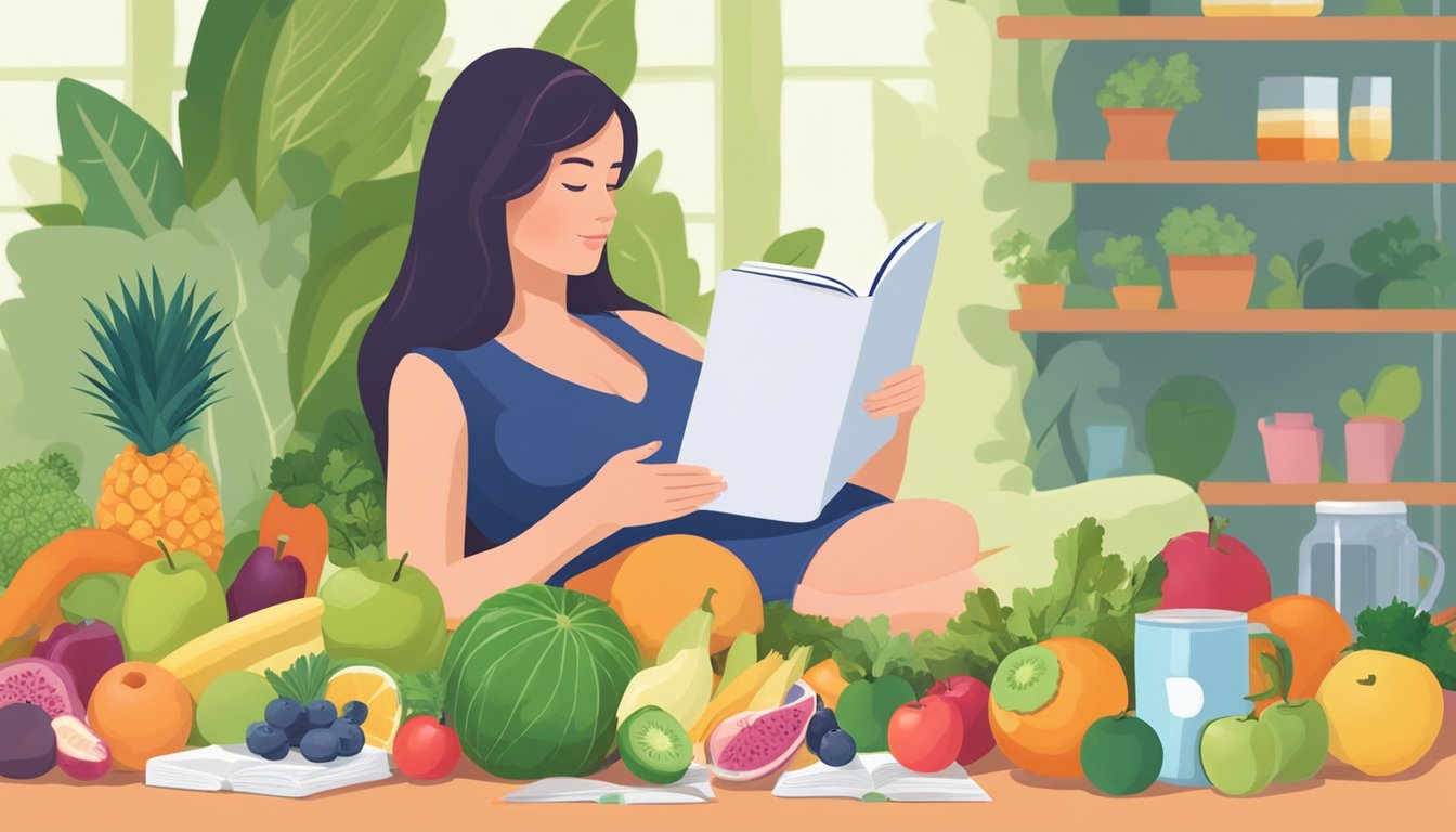 A pregnant woman reading a book on the Ornish Diet while taking prenatal supplements, surrounded by fruits, vegetables, and a yoga mat