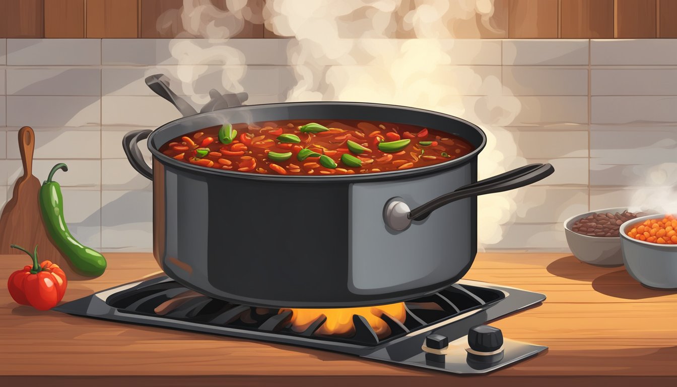 A large pot of chili simmers on a stove, steam rising as meat and beans cook together. A wooden spoon stirs the rich, fragrant mixture