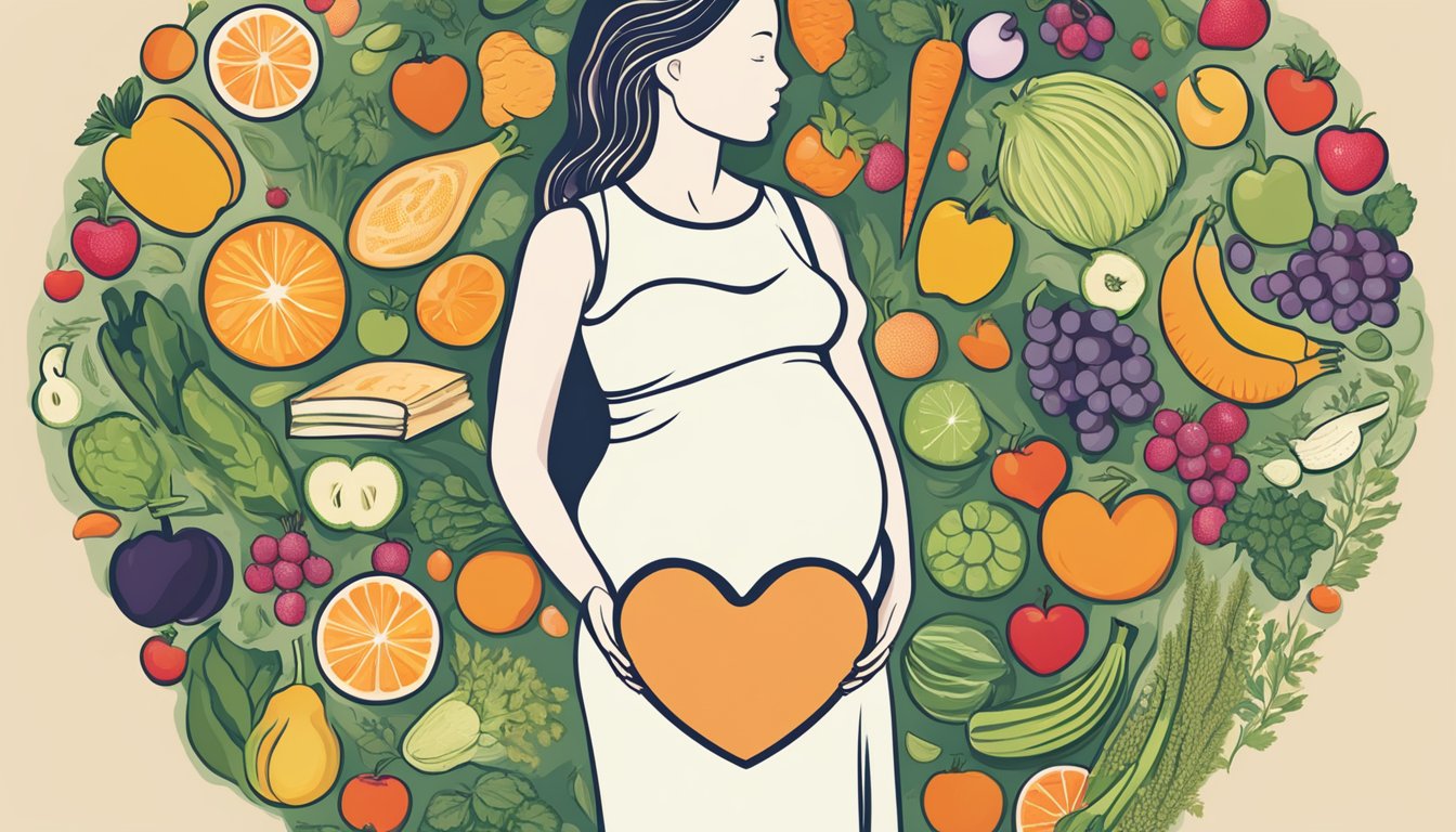 A pregnant woman's silhouette surrounded by fruits, vegetables, and whole grains, with a heart symbolizing the Ornish Diet's focus on heart-healthy choices