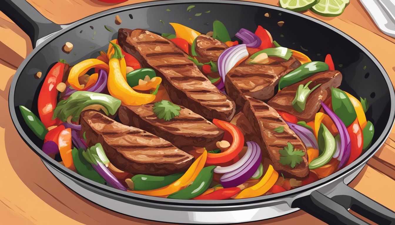 An iron skillet sizzles with perfectly seared fajitas, surrounded by colorful peppers and onions. A chef's hand holds tongs, flipping the sizzling meat