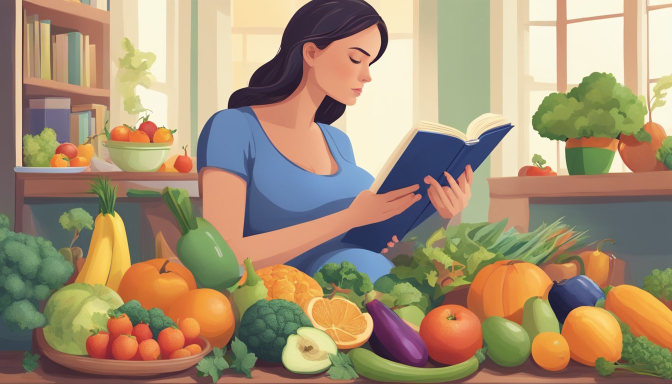 A pregnant woman reading books on different diets, with a concerned look on her face. She is surrounded by various fruits, vegetables, and healthy food items