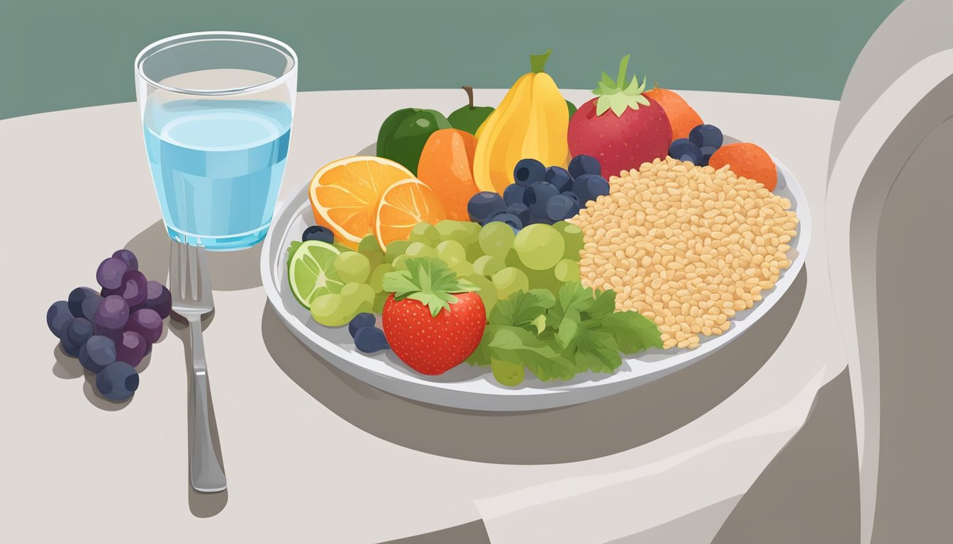 A pregnant woman's plate filled with colorful fruits, vegetables, whole grains, and lean proteins, with a glass of water on the side