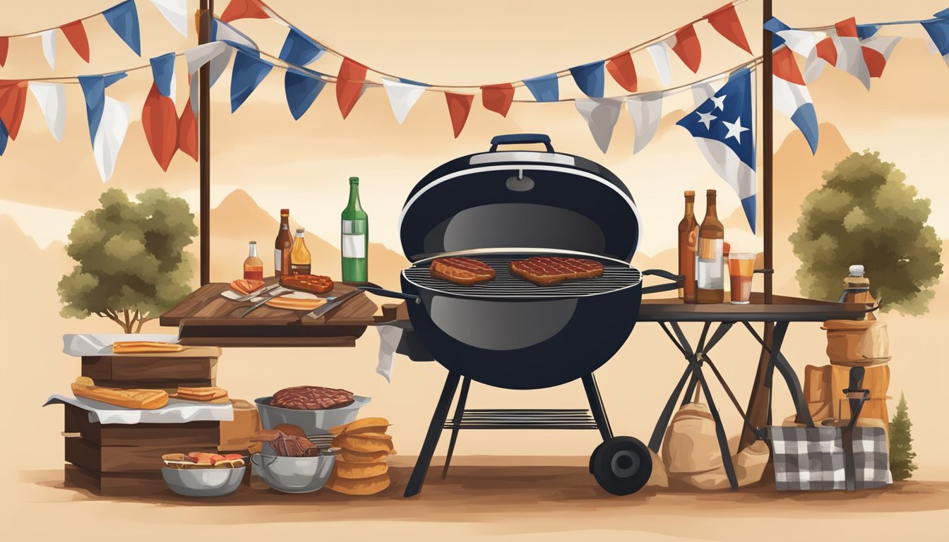 A rustic BBQ setup with longhorn-themed decorations, checkered tablecloths, cowboy hats, and Texas flags. A grill sizzling with delicious meats and a warm, inviting atmosphere