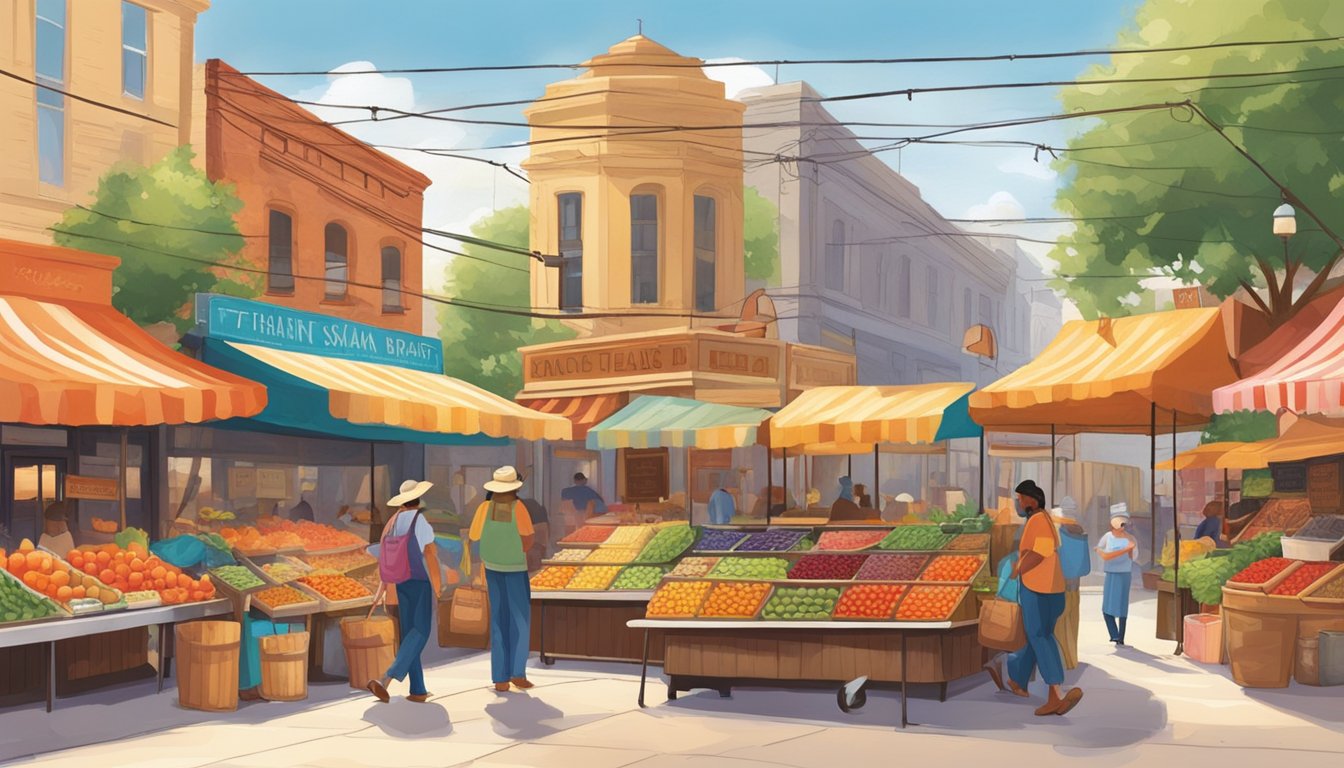 Vibrant market stalls line the streets, showcasing colorful produce and artisan goods. The scent of sizzling Texas barbecue fills the air