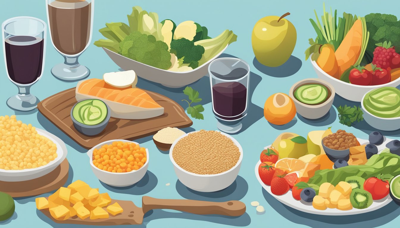 A variety of nutrient-rich foods arranged on a table, including fruits, vegetables, whole grains, and lean proteins, with a glass of water nearby