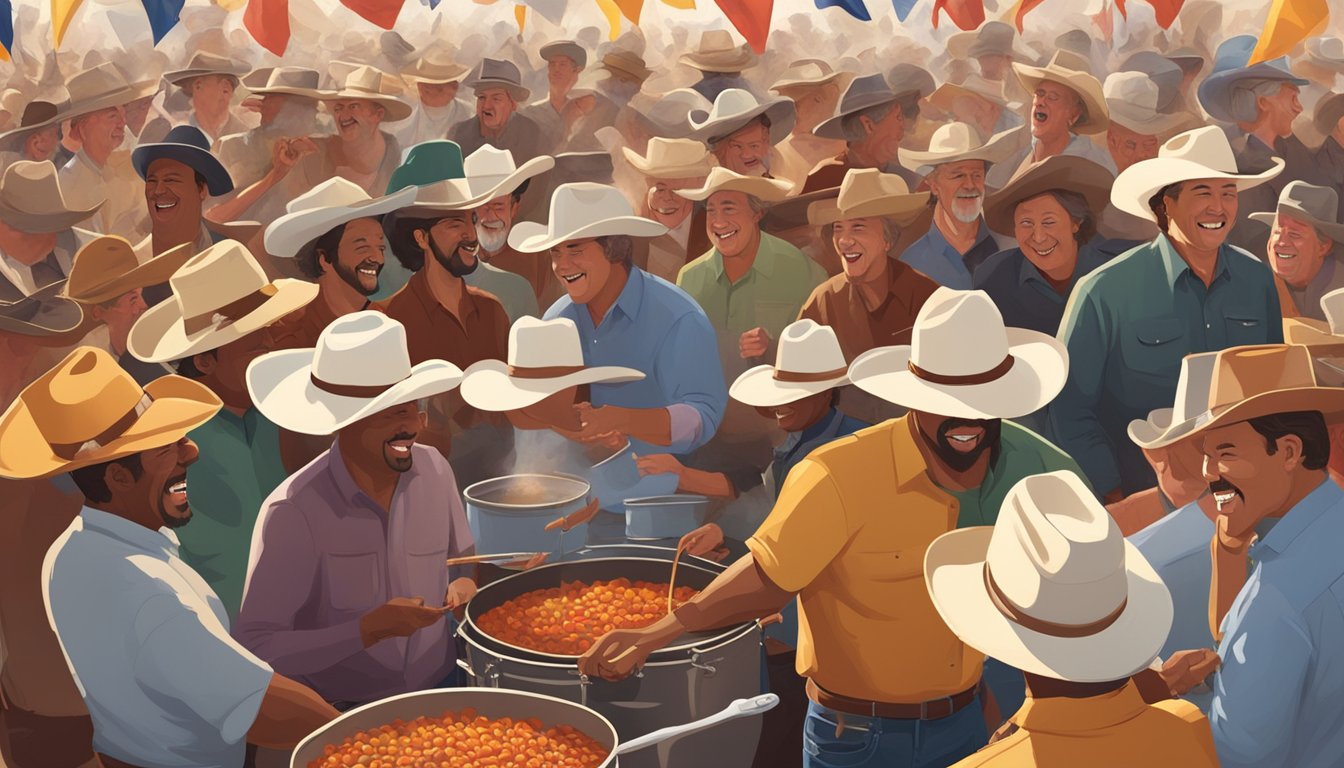 A bustling chili cook-off with cowboy hats, chili pots, and Texas flags, surrounded by lively music and laughter