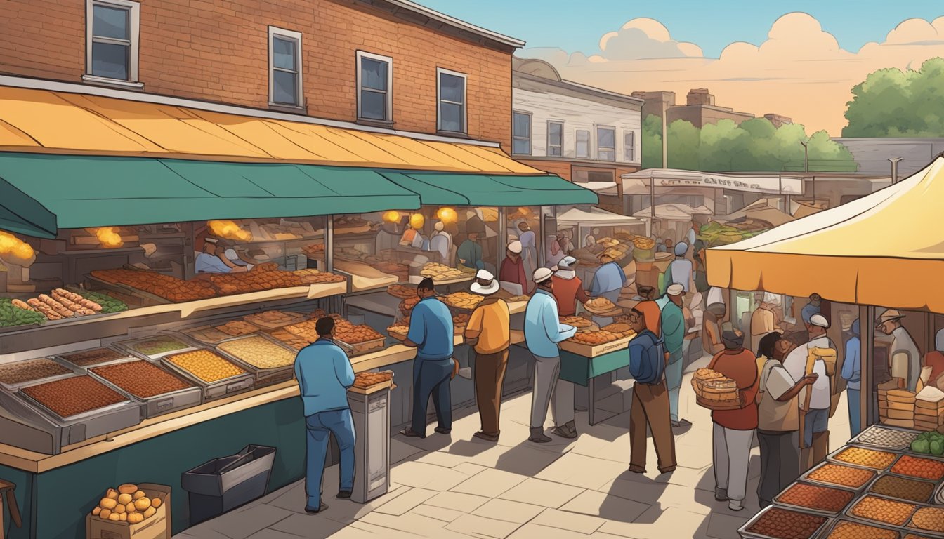 A bustling food market with colorful stalls selling Texan delicacies like BBQ, chili, pecan pie, and kolaches. The aroma of smoked meats fills the air