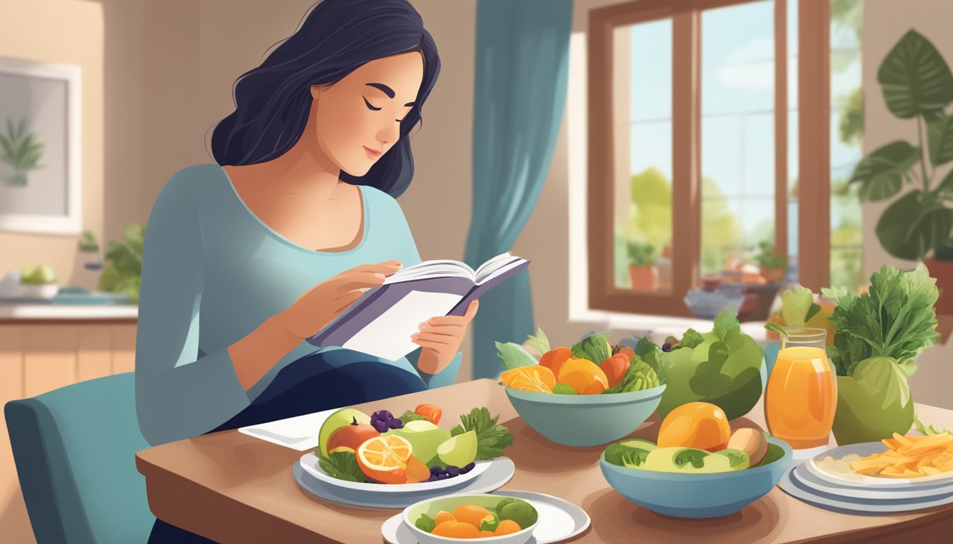 A pregnant woman reading a book on the Noom Diet while sitting at a table with a variety of healthy foods and a glass of water