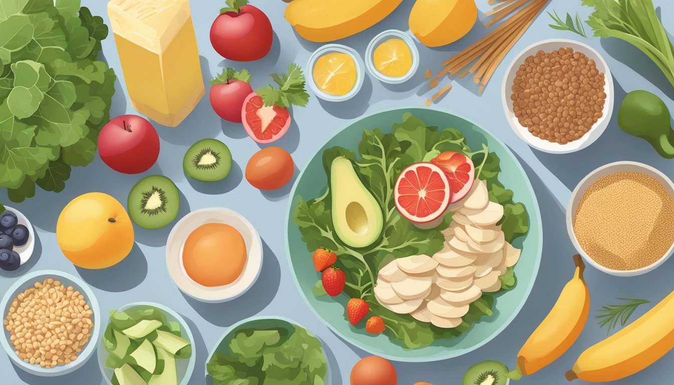 A pregnant woman's healthy meal spread out on a table, including fruits, vegetables, whole grains, and lean proteins, with a focus on portion control and balanced nutrition