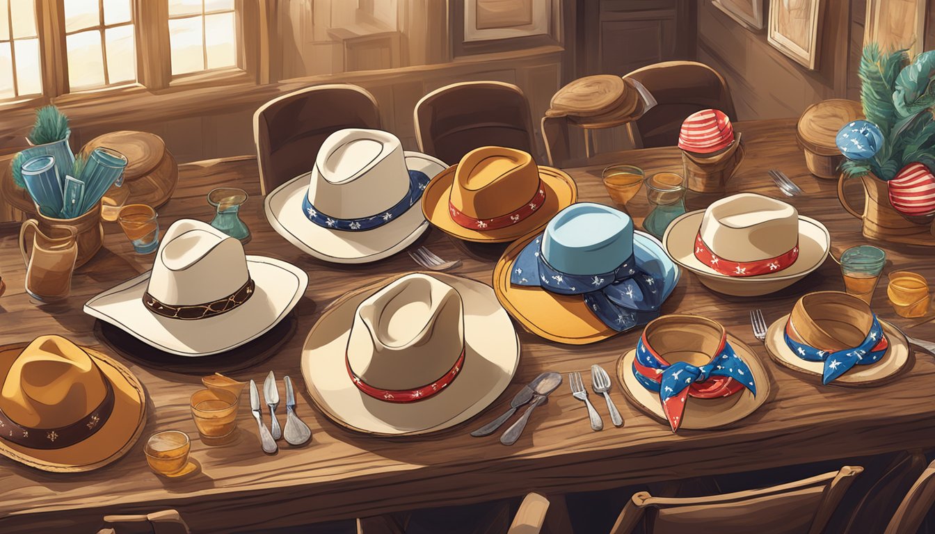 A table adorned with cowboy hats, bandanas, and western-themed decorations for a Texas-inspired party