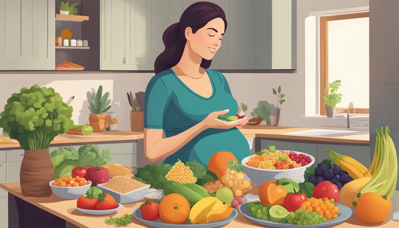 A pregnant woman sitting at a table with a variety of healthy foods, including fruits, vegetables, whole grains, and lean proteins. A doctor or nutritionist could be standing nearby offering guidance