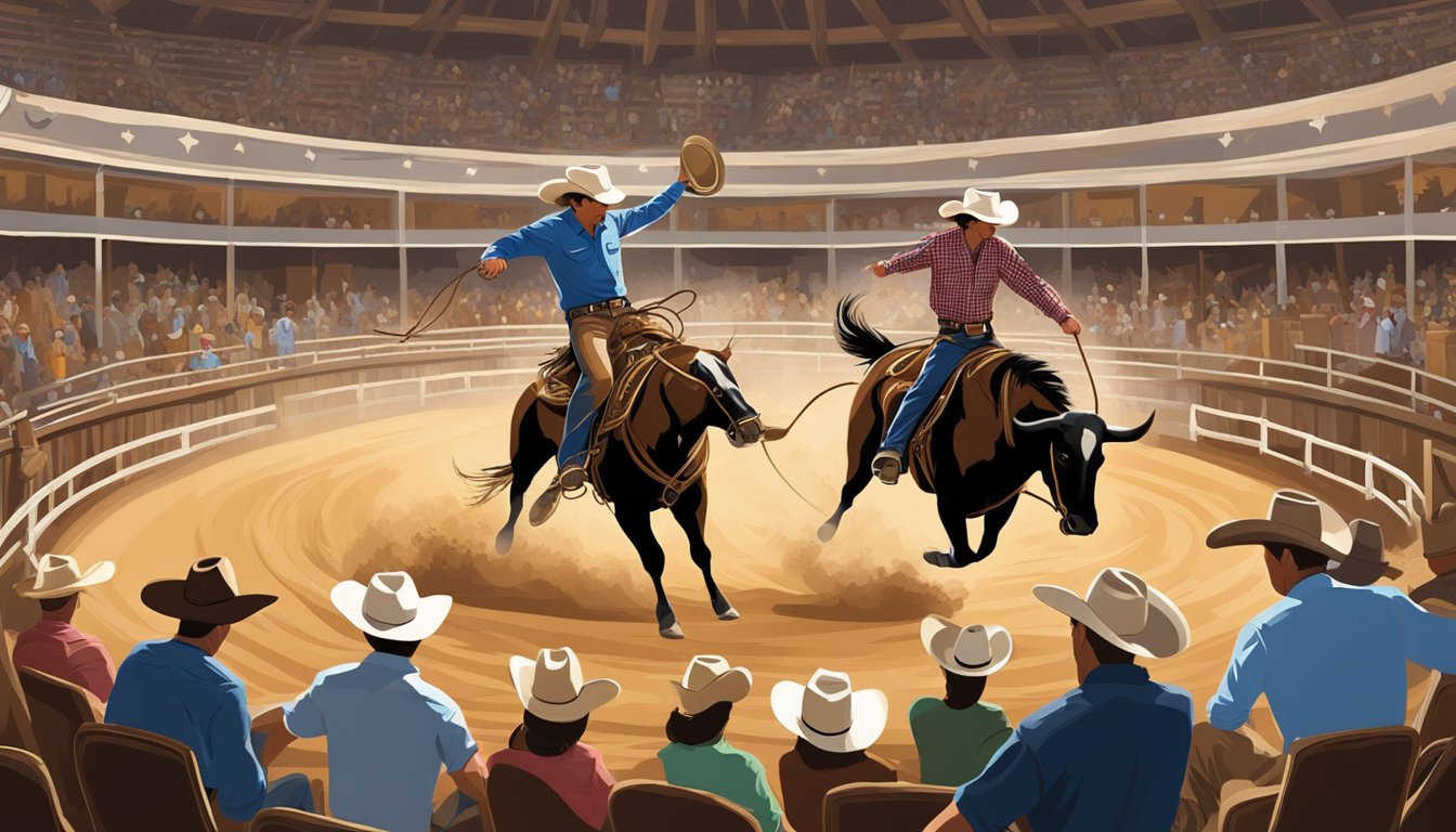 A lively rodeo arena with bull riding, lasso throwing, and barrel racing. Cowboy hats, boots, and western decor create an authentic Texas atmosphere