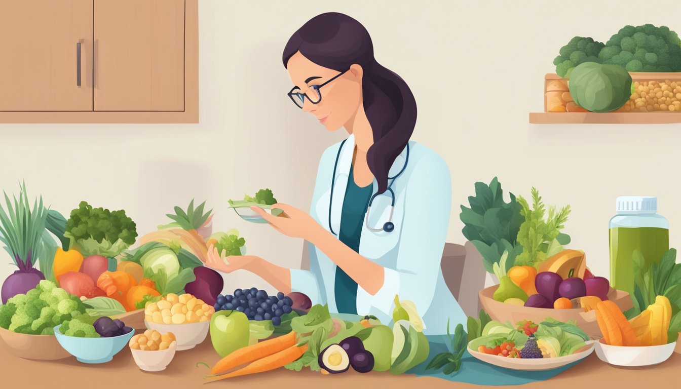 A pregnant woman sitting at a table with a variety of healthy foods, a doctor nearby offering guidance