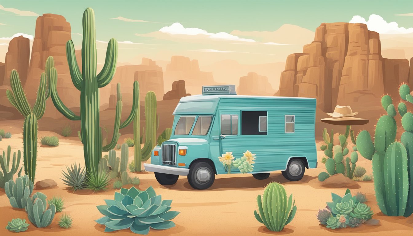 A desert-themed photo booth with cacti, succulents, and cowboy props set against a backdrop of a southwestern landscape